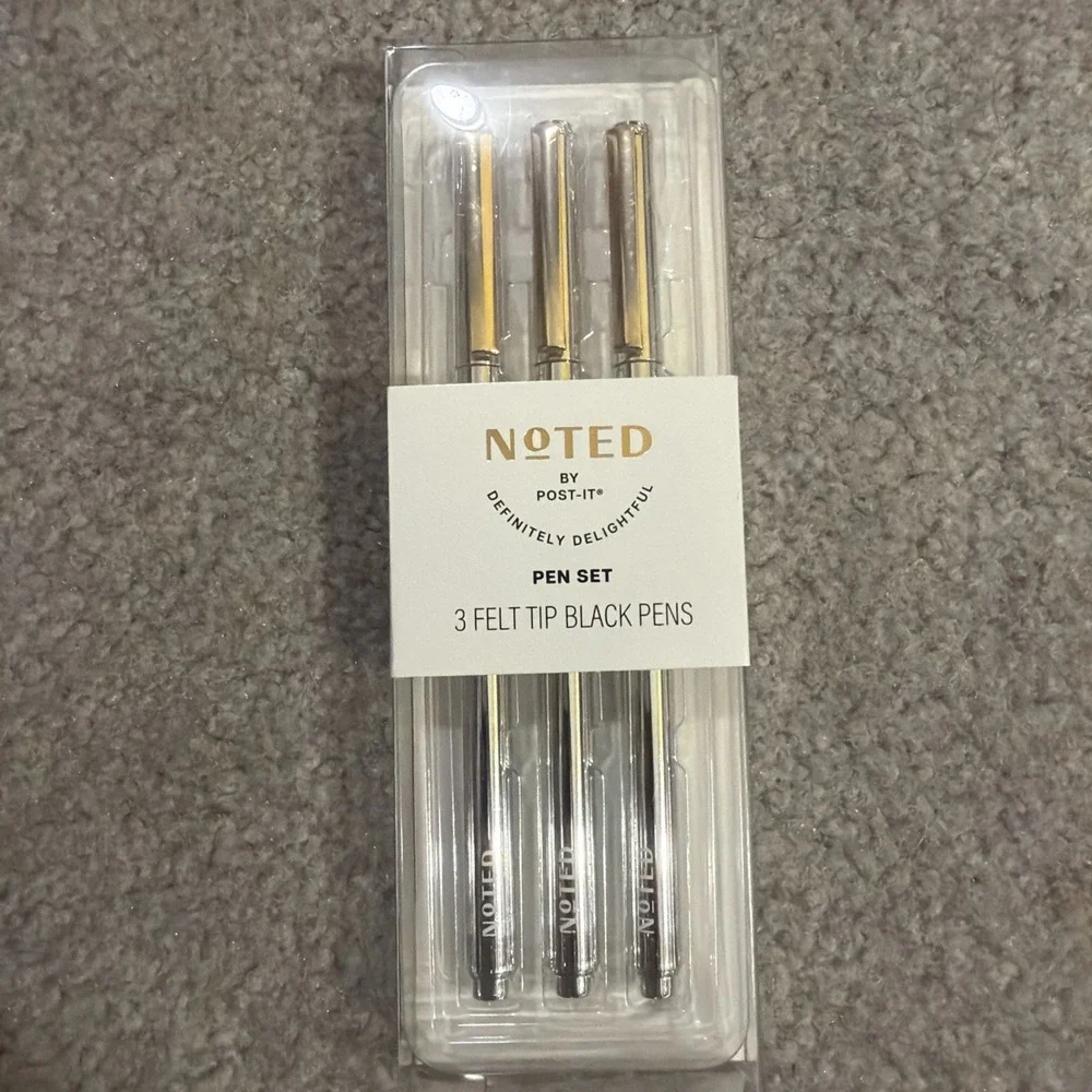 Noted By Post-it  3 Black Felt Tip Pens W/Metallic Silver Barrel